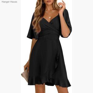 Wrap V Neck Flared Sleeve Smocked Waist Tiered Mini Dress Wedding Guest